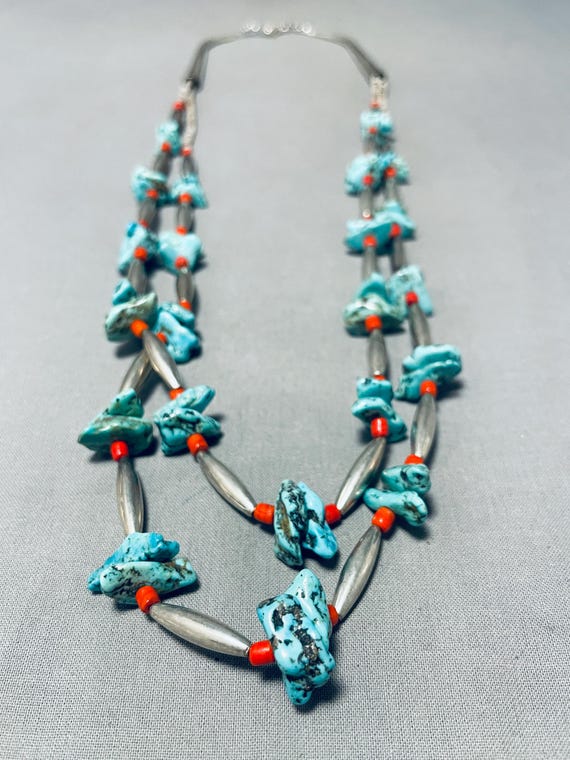 Torpedo Fetish Beads Vintage Native American Navajo Sterling Silver Turquoise Coral Necklace Torpedo Fetish Beads Vintage Native American Navajo Sterling Silver Turquoise Coral Necklace
