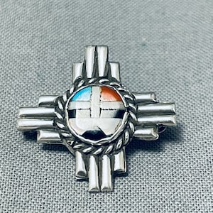 Noteworthy Vintage Native American Zuni Inlay Sunface Turquoise Coral Jet Sterling Silver Pin Noteworthy Vintage Native American Zuni Inlay Sunface Turquoise Coral Jet Sterling Silver Pin