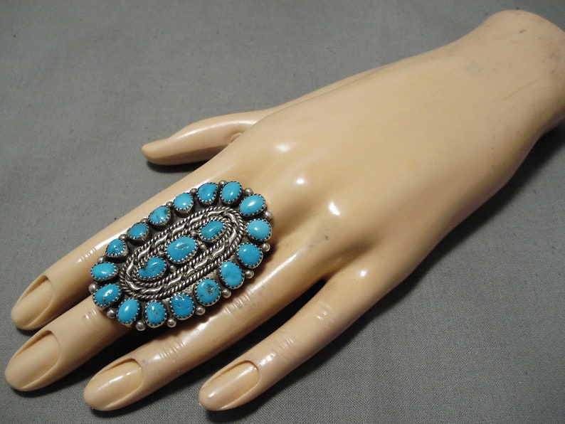 Fabulous Vintage Native American Navajo Blue Gem Turquoise Sterling Silver Ring