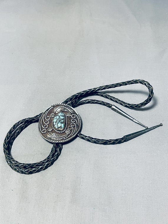 Important Vintage Native American Navajo Veteran Turquoise Sterling Silver Bolo Tie Old Important Vintage Native American Navajo Veteran Turquoise Sterling Silver Bolo Tie Old