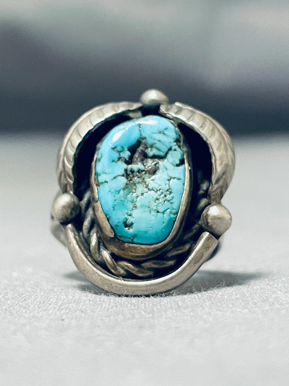Superior Vintage Native American Navajo Morenci Turquoise Sterling Silver Ring Superior Vintage Native American Navajo Morenci Turquoise Sterling Silver Ring