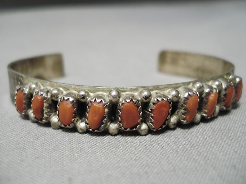 Stunning Vintage Native American Navajo Chunky Red Coral Sterling Silver Bracelet Old