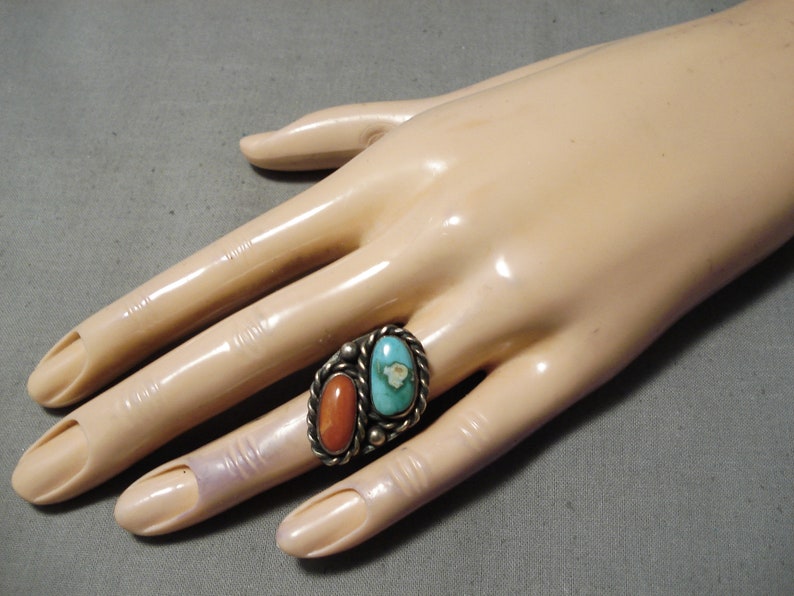 Make An Offer! Marvelous Vintage Native American Navajo Coral And Candelaria Turquoise Sterling Silver Ring Old