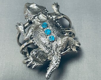 Best Native American Navajo Huge Toad Turquoise Sterling Silver Bracelet - Make An Offer!