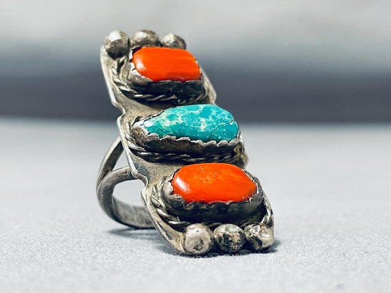 Marvelous Navajo Coral Sterling Silver Kachina Ring Native American Marvelous Navajo Coral Sterling Silver Kachina Ring Native American