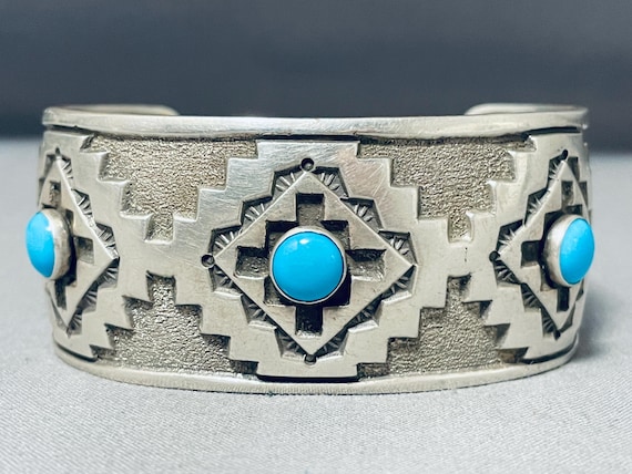 Extraordinary Native American Navajo Signed 5 Sleeping Beauty Turquoise Sterling Silver Bracelet Extraordinary Native American Navajo Signed 5 Sleeping Beauty Turquoise Sterling Silver Bracelet