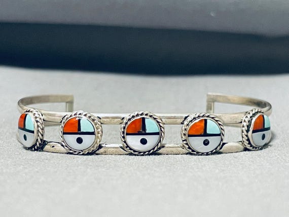 Rare Vintage Native American Zuni 5 Inlay Sunfaces Turquoise Coral