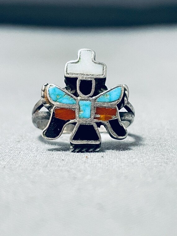 Amazing Vintage Native American Zuni Inlay Turquoise Jet Coral Sterling Silver Knifewing Ring Amazing Vintage Native American Zuni Inlay Turquoise Jet Coral Sterling Silver Knifewing Ring