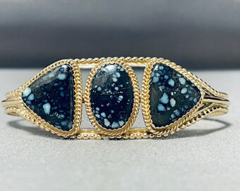 14k Gold Solid Vintage Native American Navajo New Lander Blue Turquoise Bracelet - Make An Offer!