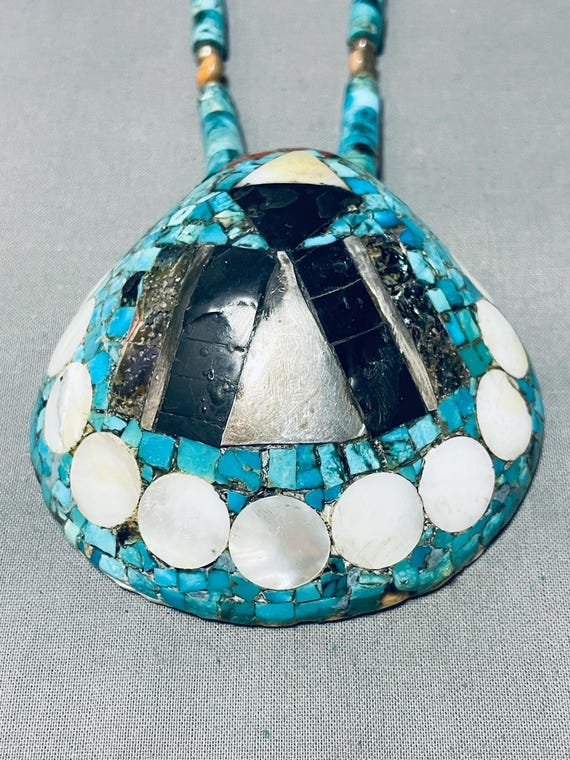 Benny Pencio Vintage Santo Domingo Turquoise Inlay Sterling Silver Necklace Benny Pencio Vintage Santo Domingo Turquoise Inlay Sterling Silver Necklace