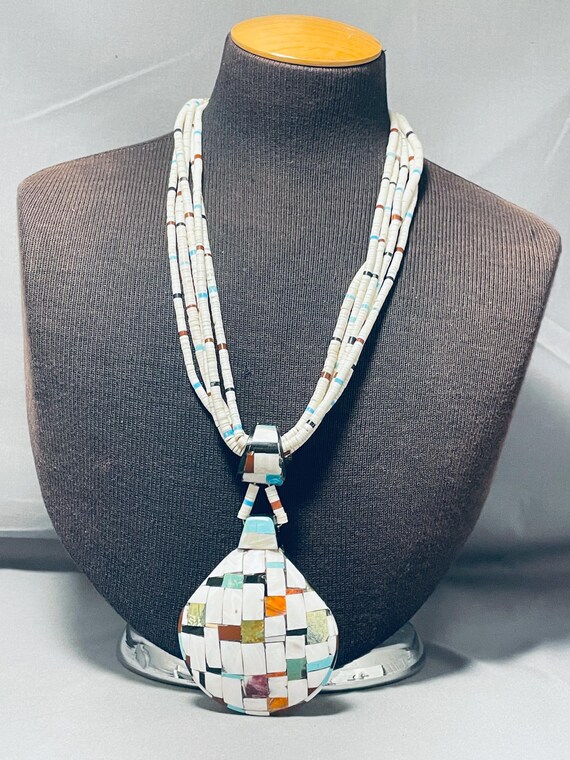 Native American Flask Shell Very Rare Vintage Santo Domingo Turquoise Inlay Necklace Native American Flask Shell Very Rare Vintage Santo Domingo Turquoise Inlay Necklace