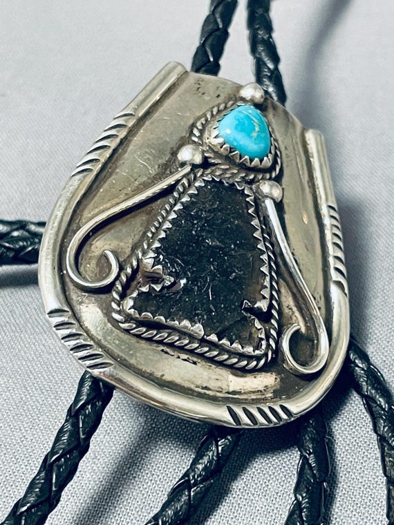 Opulent Vintage Native American Navajo Carico Lake Turquoise Sterling Silver Bolo Tie Old Opulent Vintage Native American Navajo Carico Lake Turquoise Sterling Silver Bolo Tie Old
