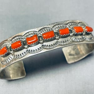 Marvelous Vintage Native American Navajo Coral Sterling Silver Bracelet Signed Jerry Bahe Marvelous Vintage Native American Navajo Coral Sterling Silver Bracelet Signed Jerry Bahe
