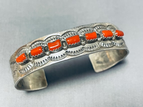 Marvelous Navajo Coral Sterling Silver Bracelet Native American Marvelous Navajo Coral Sterling Silver Bracelet Native American
