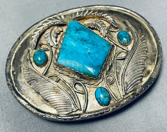 Heavy Detailed Vintage Native American Navajo Turquoise Sterling Silver Leaf Buckle Old - Make An Offer!