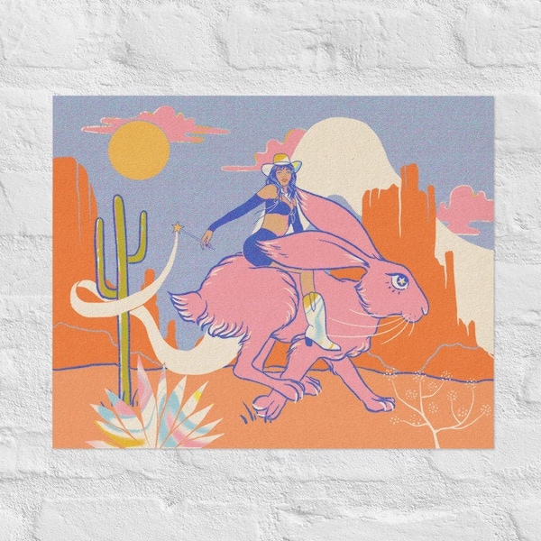 Desert Cowgirl Fairy on a Bunny Illustration Poster