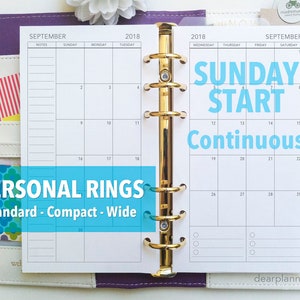 PRINTED Month on 2 pages - 2026 SUNDAY start - Mo2p calendar - CONTINUOUS monthly - Personal / Wide / Compact sizes - P22