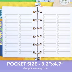 May include: A white pocket-sized planner with a black wire-o binding. The planner has 20 lines on each page with a check box at the beginning of each line. The planner is 3.2 inches by 4.7 inches.
