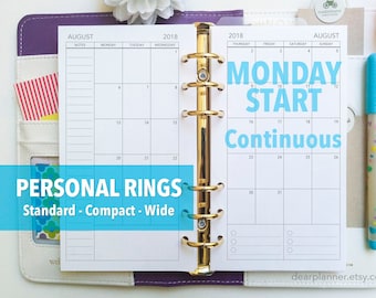 PRINTED Month on 2 pages - Up to 2027 - Continuous Mo2p monthly insert - MONDAY start - Personal / Wide / Compact sizes - P25