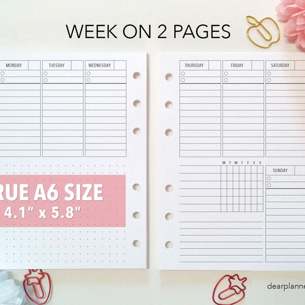 PRINTED Week on 2 pages - Undated Wo2p - Vertical half days - True A6 size planner insert - AS-27
