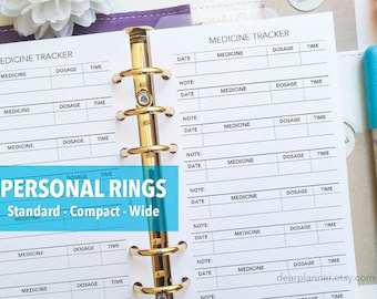 PRINTED Medicine Tracker - Medication Log - Health Wellness Insert - PERSONAL Standard/Wide/FC Compact (P50)