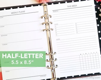 PRINTED Weekly Agenda Insert - Undated Weekly Planner - Week on 1 page insert - Half letter fits A5 binder - 51H