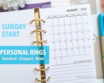 PRINTED Month on 1 page - SUNDAY start Mo1p calendar - up to 2024 monthly - Personal / Wide / Compact sizes - P29