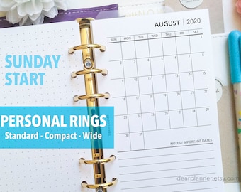 PRINTED Month on 1 page - 2026 - SUNDAY start Mo1p calendar - Personal / Wide / Compact sizes - P29