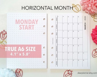 PRINTED Horizontal Month on 1 page - Monthly Calendar - MONDAY Start - Mo1P Dated 2024- True A6 size insert - AS-59