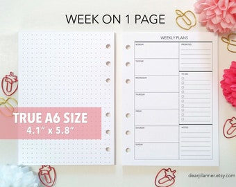 PRINTED Weekly Planner Insert - Week on 1 page - Undated Wo1p - True A6 size planner insert - AS07r