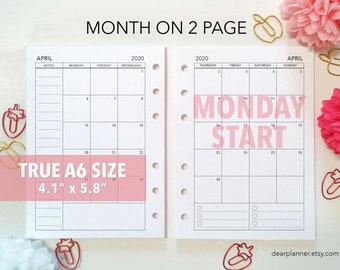 PRINTED Month on 2 page Insert - MONDAY Start - 2024 - Choose Continuous or Separated months - True A6 size insert - AS25