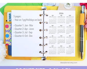 PRINTED up to 2027 Year at a glance - Yo1p - Quarterly Calendar - Pocket Size Insert - K-45