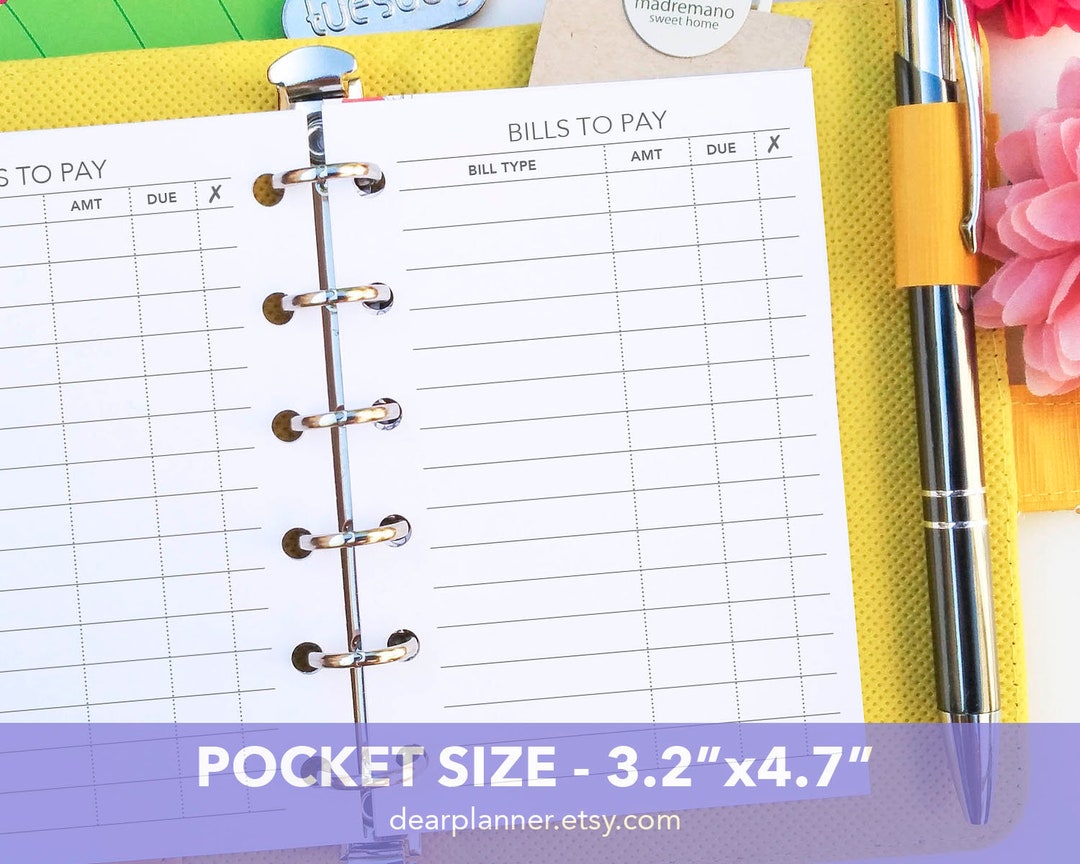PRINTED Pocket Size Bill Payment Tracker - Bills Checklist Insert ...