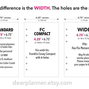 May include: Diagram comparing three sizes of personal planners: Standard (3.75" x 6.75"), Compact (4.25" x 6.75"), and Wide (4.75" x 6.75"). Each planner has six holes and fits different brands like Filofax, LV MM, Kikki K, and Websters Color Crush.