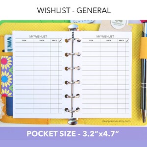 PRINTED Wishlist Tracker Shopping Wishlist Sections or General List Pocket size insert K-46 B: Wishlist General