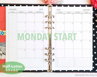 PRINTED Month on 2 page - MONDAY start - Mo2p calendar - Dated up to December 2019 - Monthly planner insert - Mon-Sun Half letter A5 - 25H