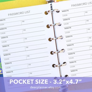 May include: A white, pocket-sized password list planner with a black spiral binding. The planner has a grid layout with columns for website, login, and password. The planner is 3.2 inches by 4.7 inches.