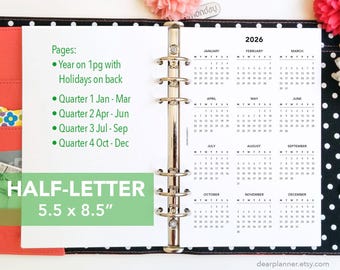 PRINTED 2026 Yearly calendar - Yo1P- Year at a glance - Quarterly Months - Choose Sunday or Monday - Half letter insert - 45H