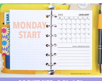 PRINTED Month On 1 Page Insert - MONDAY Start - 2024 Monthly - Mo1p Calendar - Pocket size - K-30