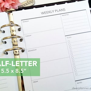 PRINTED Week on one page - Weekly planner insert - Printed wo1p planner insert - Half letter insert - Fits A5 planners - 07H