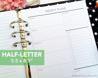 PRINTED Week on one page - Weekly planner insert - Printed wo1p planner insert - Half letter insert - Fits A5 planners - 07H