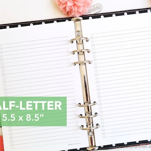 May include: A white, lined, half-letter size planner page with a silver binder mechanism. The page is 5.5 x 8.5 inches.