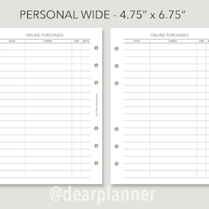 May include: A printable planner page designed for tracking online purchases. The page is divided into four columns labeled "Shop", "Items", "Ship", and "Rec'd". The page is 4.75 inches wide and 6.75 inches tall.