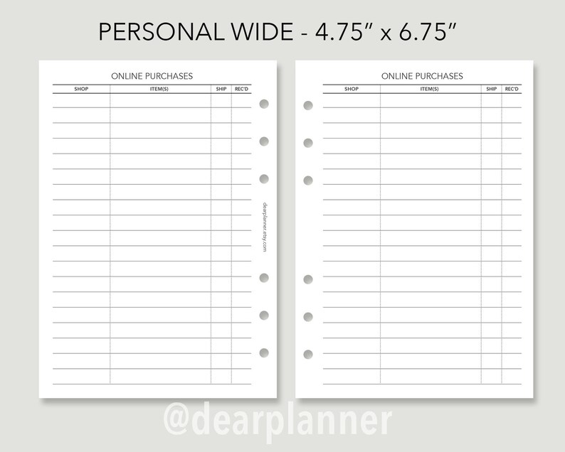 May include: A printable planner page designed for tracking online purchases. The page is divided into four columns labeled "Shop", "Items", "Ship", and "Rec'd". The page is 4.75 inches wide and 6.75 inches tall.