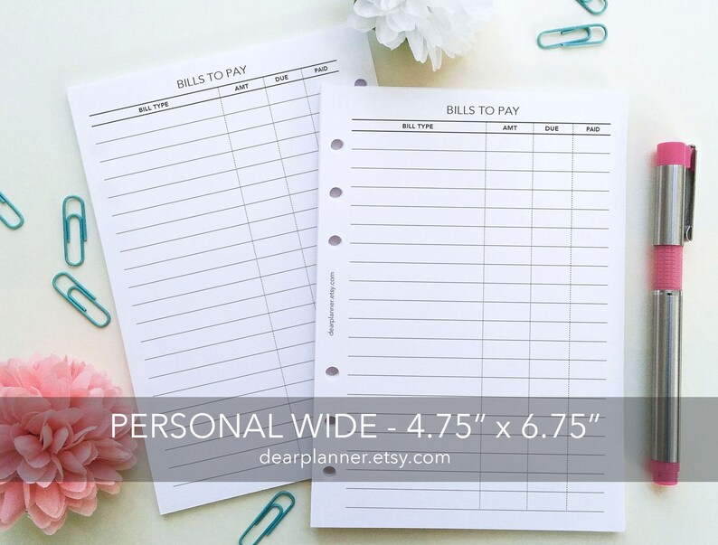 PRINTED Bill payment tracker - Bills checklist insert - Finance checklist - Bills planner insert - Personal / Wide / Compact sizes - P05 image 3