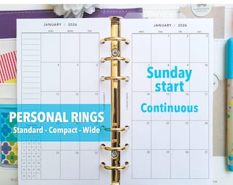 PRINTED Month on 2 pages - 2026 SUNDAY start - Mo2p calendar - CONTINUOUS monthly - Personal / Wide / Compact sizes - P80