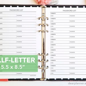 Printed Password List insert - Password Keeper refill - Website login insert - Half letter size to fit A5 planners - 28H