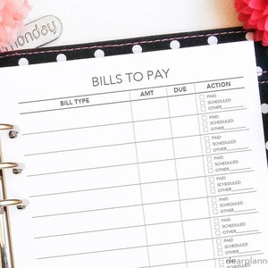 PRINTED bill tracker Bill payment checklist Bills planner insert Printed planner insert Half letter fits in A5 binders 05H image 2