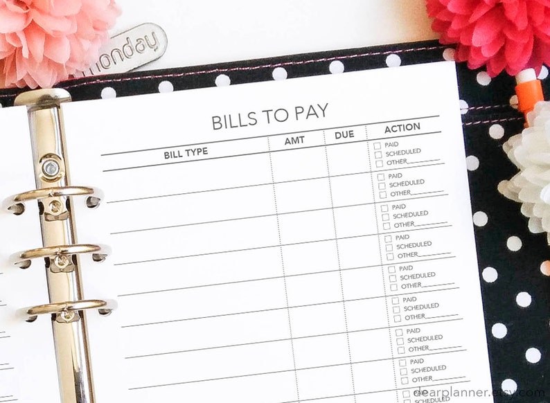 PRINTED bill tracker Bill payment checklist Bills planner insert Printed planner insert Half letter fits in A5 binders 05H image 2