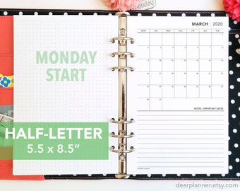 PRINTED Monthly 2026 - MONDAY start - Mo1p calendar - Month on 1 page planner insert - Half letter - 30H